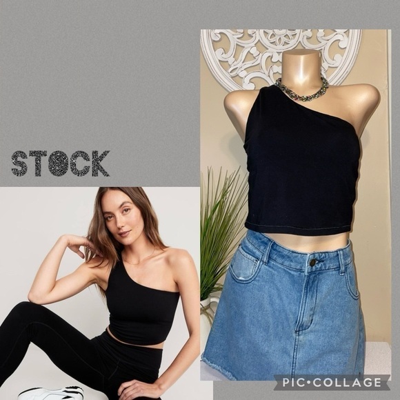 Old Navy womens large 12 14 Top shirt One Shoulder Active Crop black shelf bra - Picture 1 of 5